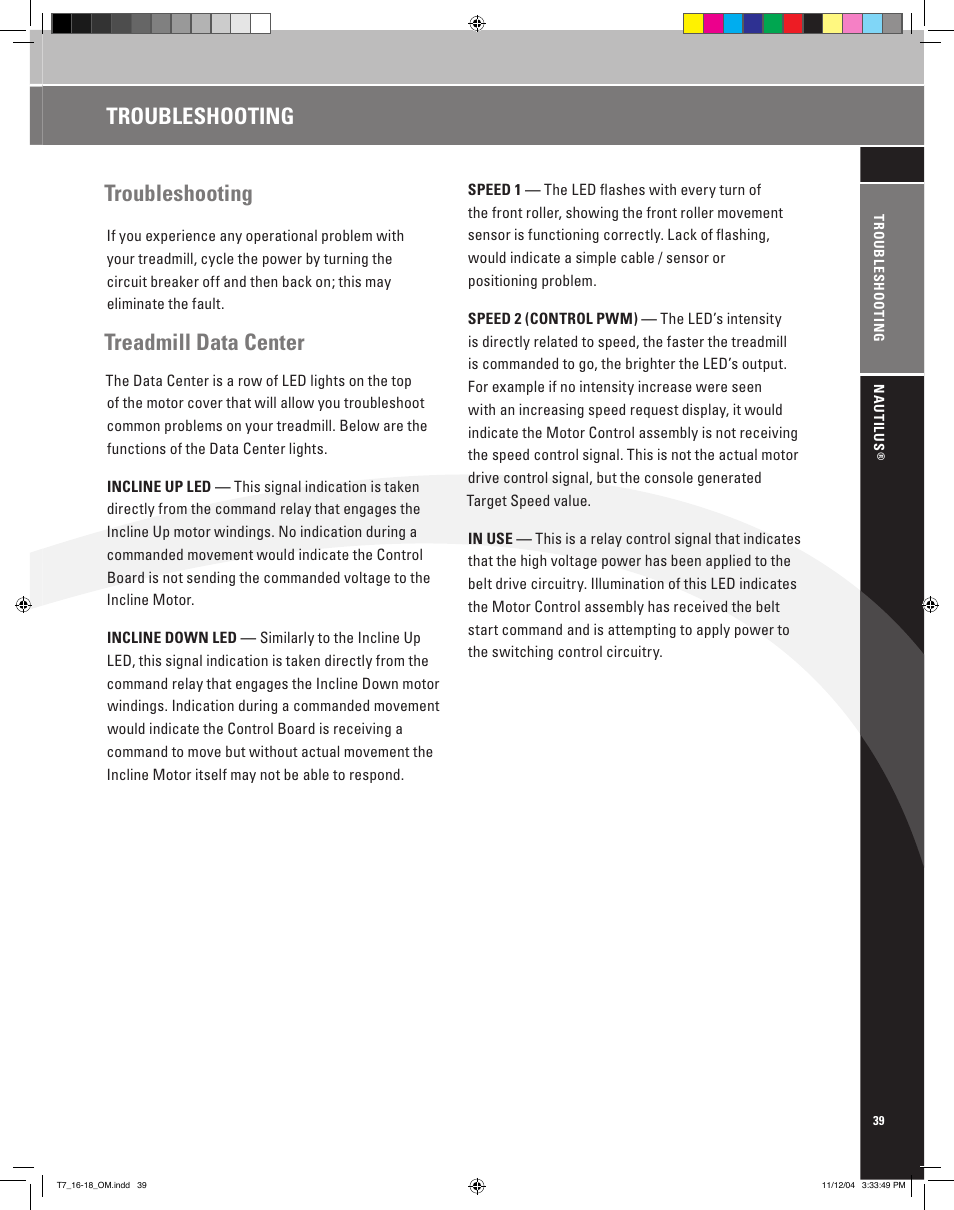 Troubleshooting troubleshooting, Treadmill data center | Nautilus T7.16 User Manual | Page 41 / 44