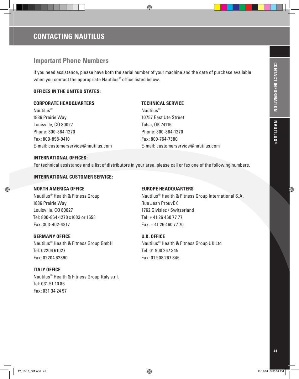 Important phone numbers, Contacting nautilus | Nautilus T7.16 User Manual | Page 43 / 44