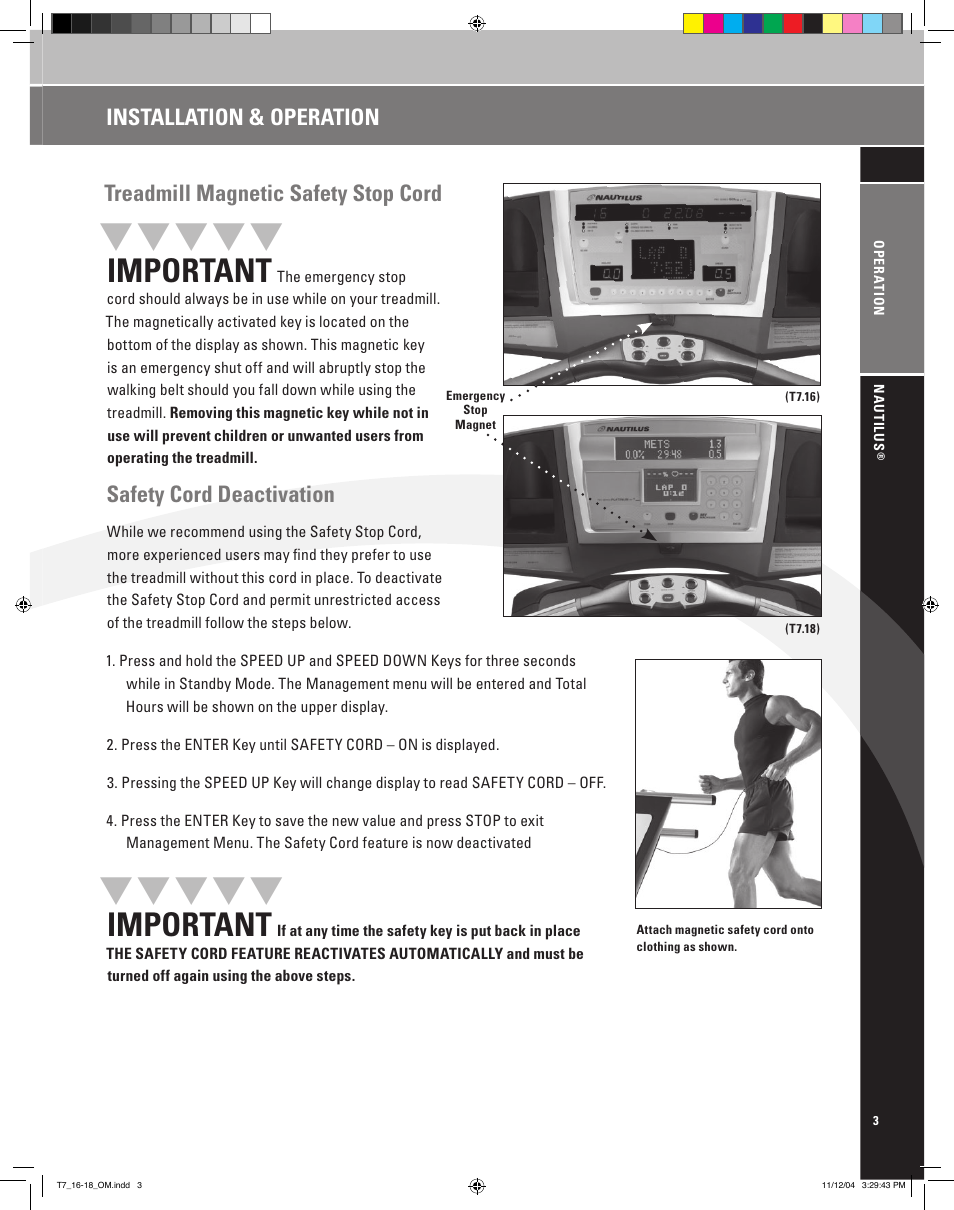 Important, Treadmill magnetic safety stop cord, Safety cord deactivation | Installation & operation | Nautilus T7.16 User Manual | Page 5 / 44