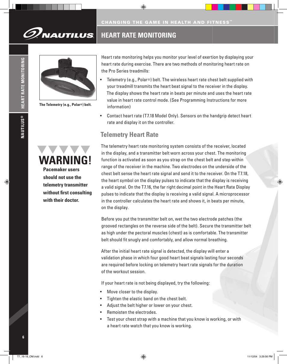 Warning, Telemetry heart rate, Heart rate monitoring | Nautilus T7.16 User Manual | Page 8 / 44