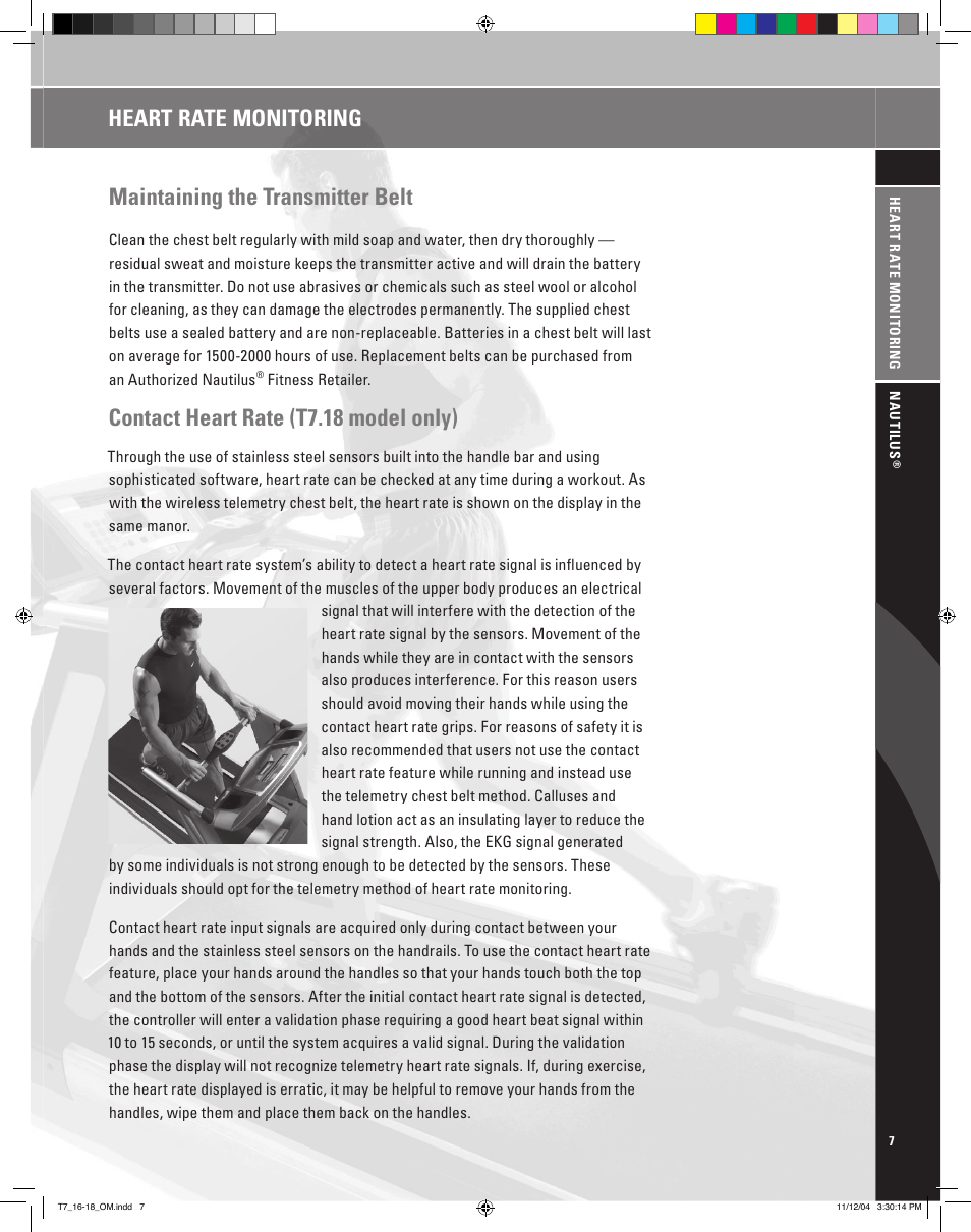 Maintaining the transmitter belt, Contact heart rate (t7.18 model only), Heart rate monitoring | Nautilus T7.16 User Manual | Page 9 / 44