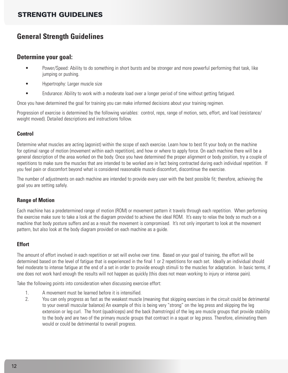 General strength guidelines, Determine your goal, Strength guidelines | Nautilus S912 User Manual | Page 12 / 34
