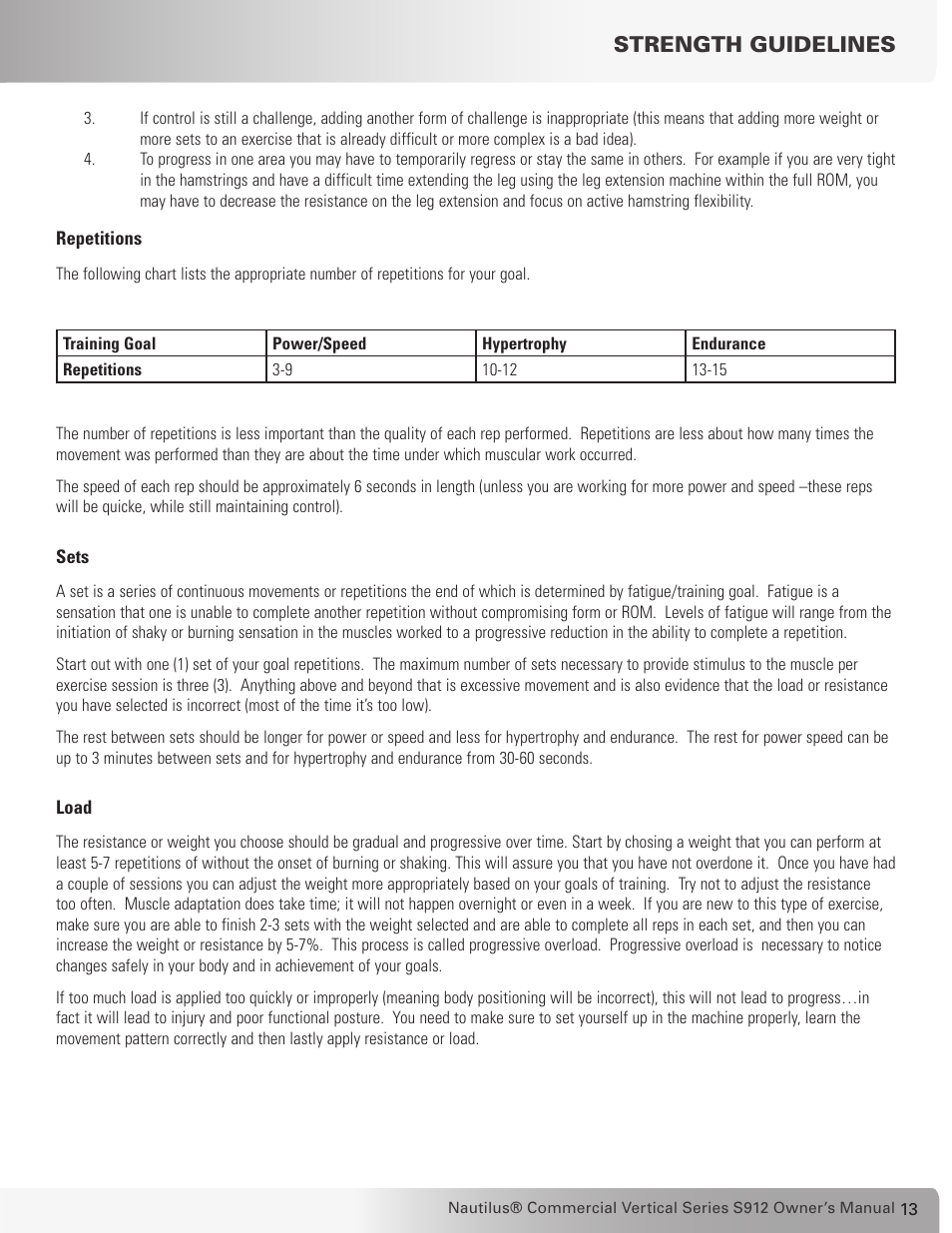 Strength guidelines | Nautilus S912 User Manual | Page 13 / 34