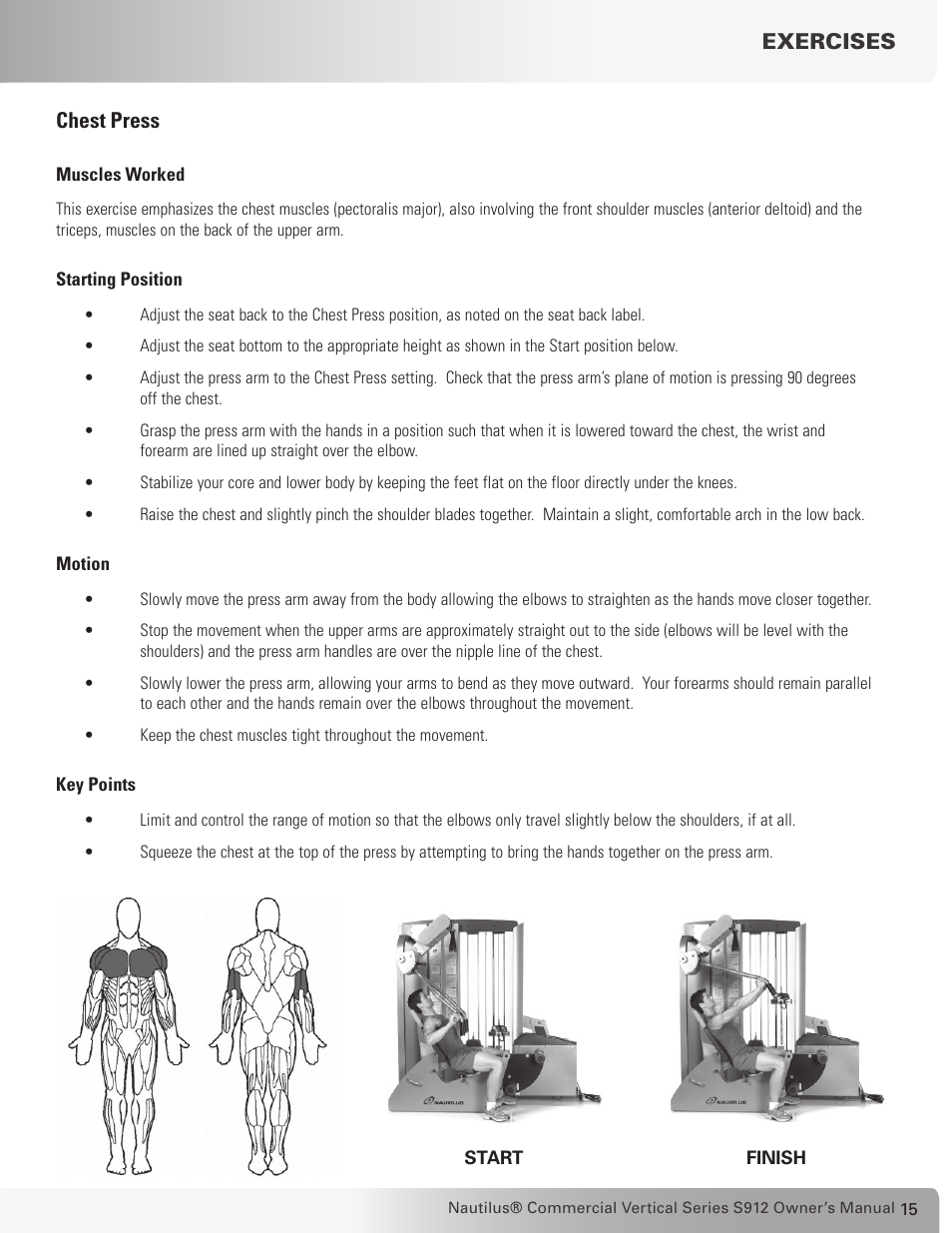 Chest press, Exercises | Nautilus S912 User Manual | Page 15 / 34