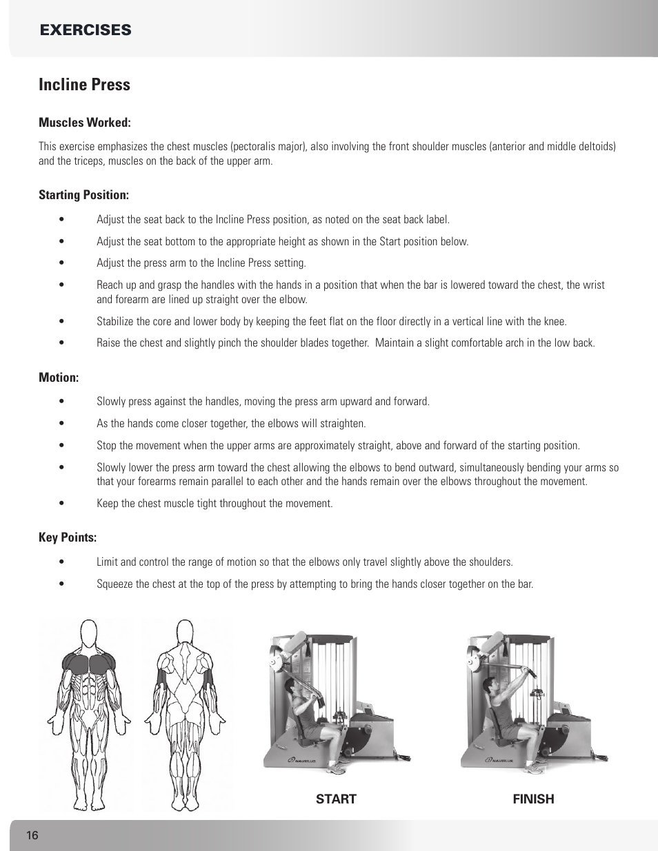 Incline press, Exercises | Nautilus S912 User Manual | Page 16 / 34