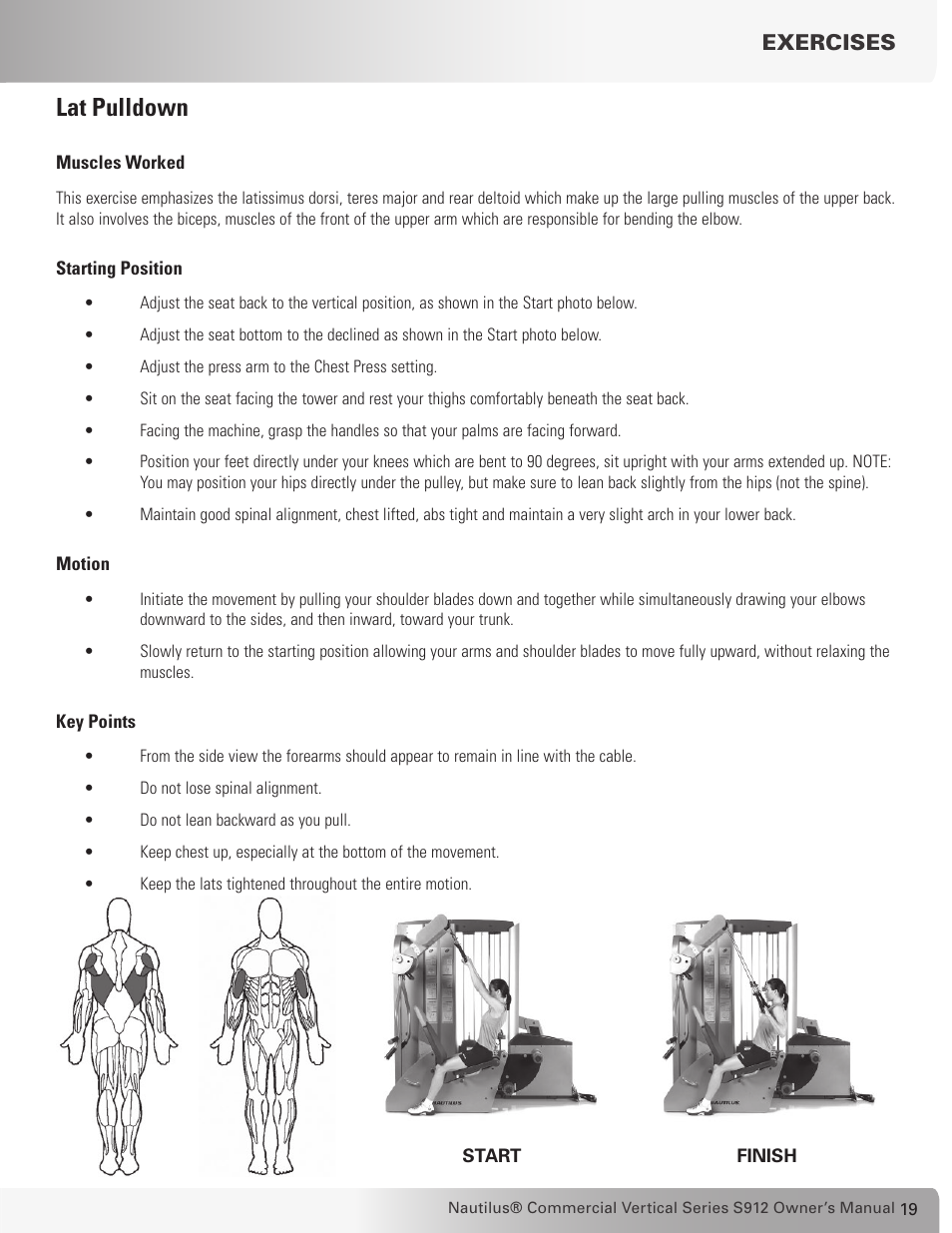 Lat pulldown, Exercises | Nautilus S912 User Manual | Page 19 / 34