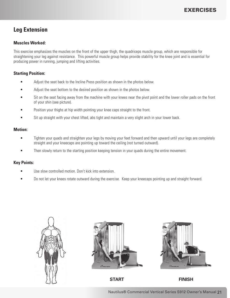 Leg extension, Exercises | Nautilus S912 User Manual | Page 21 / 34