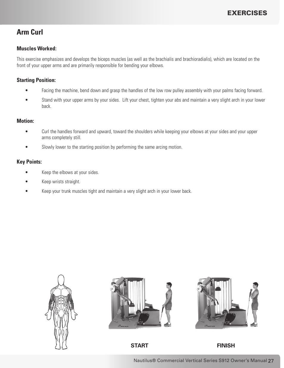Arm curl, Exercises | Nautilus S912 User Manual | Page 27 / 34