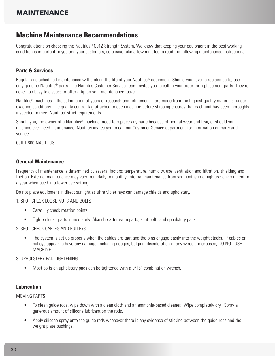 Machine maintenance recommendations, Maintenance | Nautilus S912 User Manual | Page 30 / 34