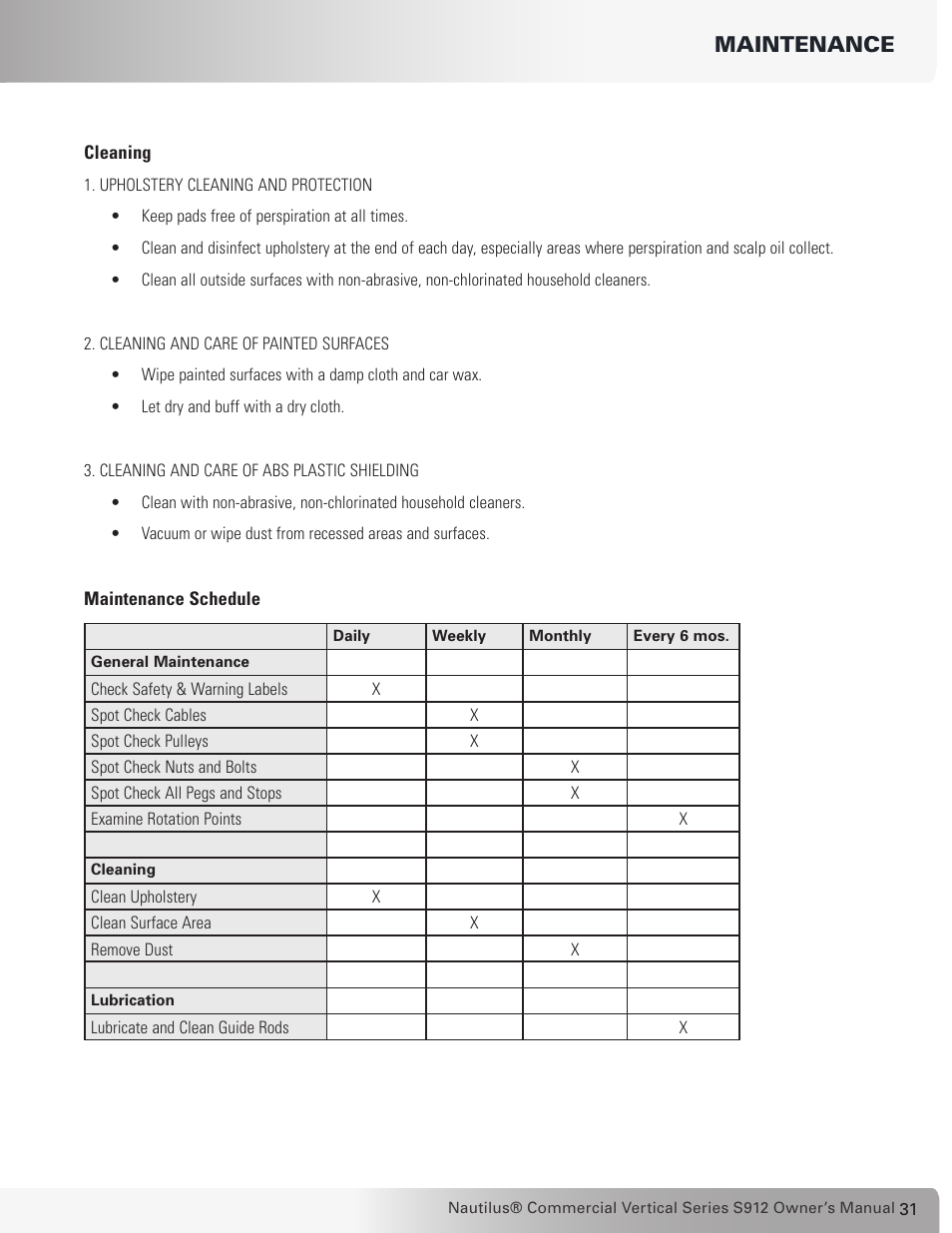 Maintenance | Nautilus S912 User Manual | Page 31 / 34