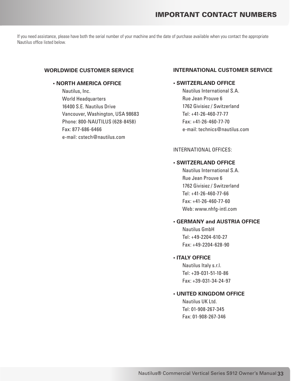 Important contact numbers | Nautilus S912 User Manual | Page 33 / 34