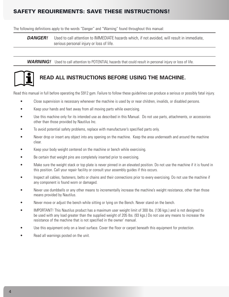Safety requirements: save these instructions, Read all instructions before using the machine | Nautilus S912 User Manual | Page 4 / 34