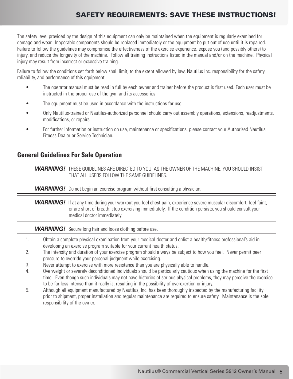 Safety requirements: save these instructions, General guidelines for safe operation | Nautilus S912 User Manual | Page 5 / 34