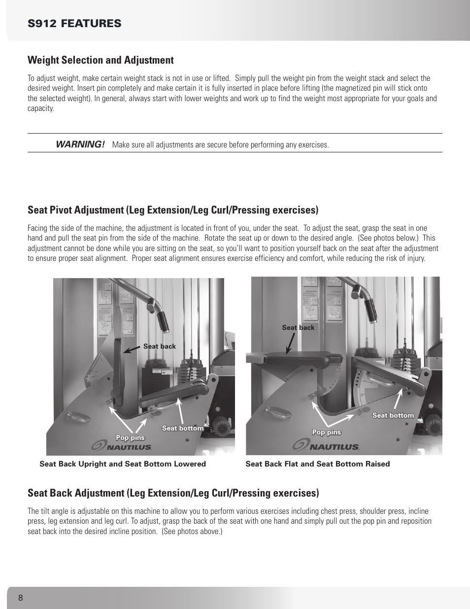 S912 features weight selection and adjustment | Nautilus S912 User Manual | Page 8 / 34