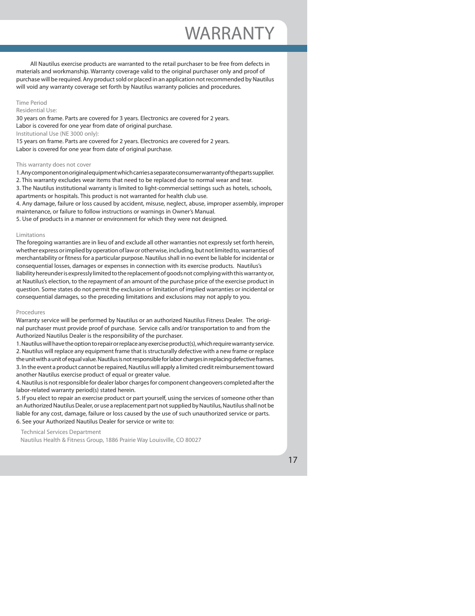 Warranty | Nautilus NE 1000 User Manual | Page 21 / 24