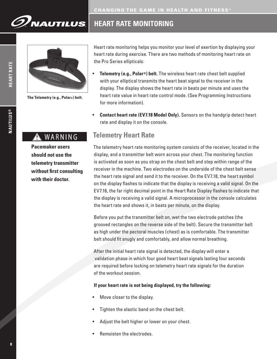 Telemetry heart rate, Heart rate monitoring | Nautilus EV7.18 User Manual | Page 10 / 44