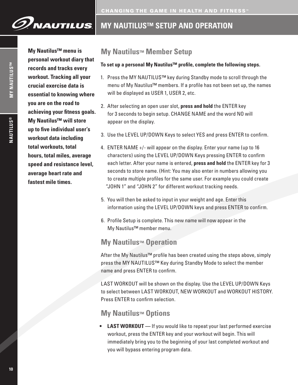 My nautilus™ setup and operation my nautilus, Member setup, My nautilus | Operation, Options | Nautilus EV7.18 User Manual | Page 12 / 44