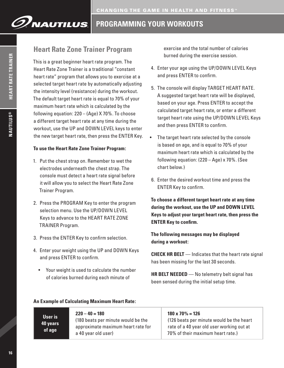 Heart rate zone trainer program, Programming your workouts | Nautilus EV7.18 User Manual | Page 18 / 44