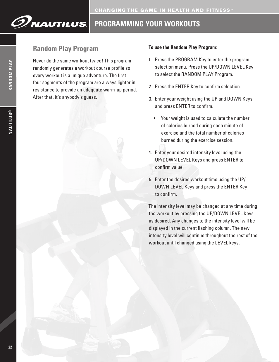 Programming your workouts random play program | Nautilus EV7.18 User Manual | Page 24 / 44