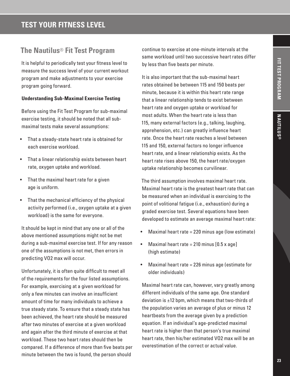Test your fitness level the nautilus, Fit test program | Nautilus EV7.18 User Manual | Page 25 / 44