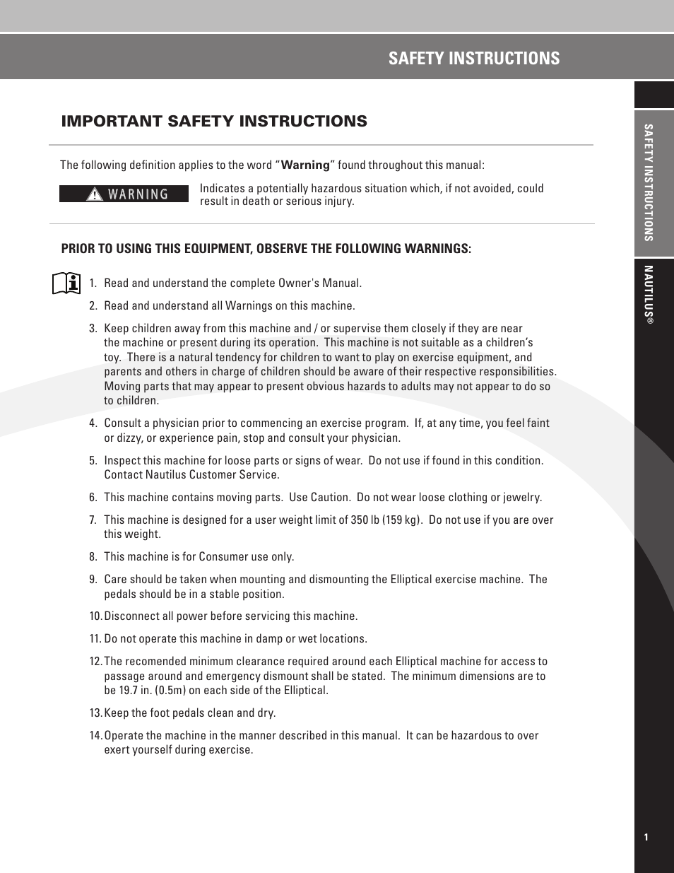 Safety instructions, Important safety instructions | Nautilus EV7.18 User Manual | Page 3 / 44