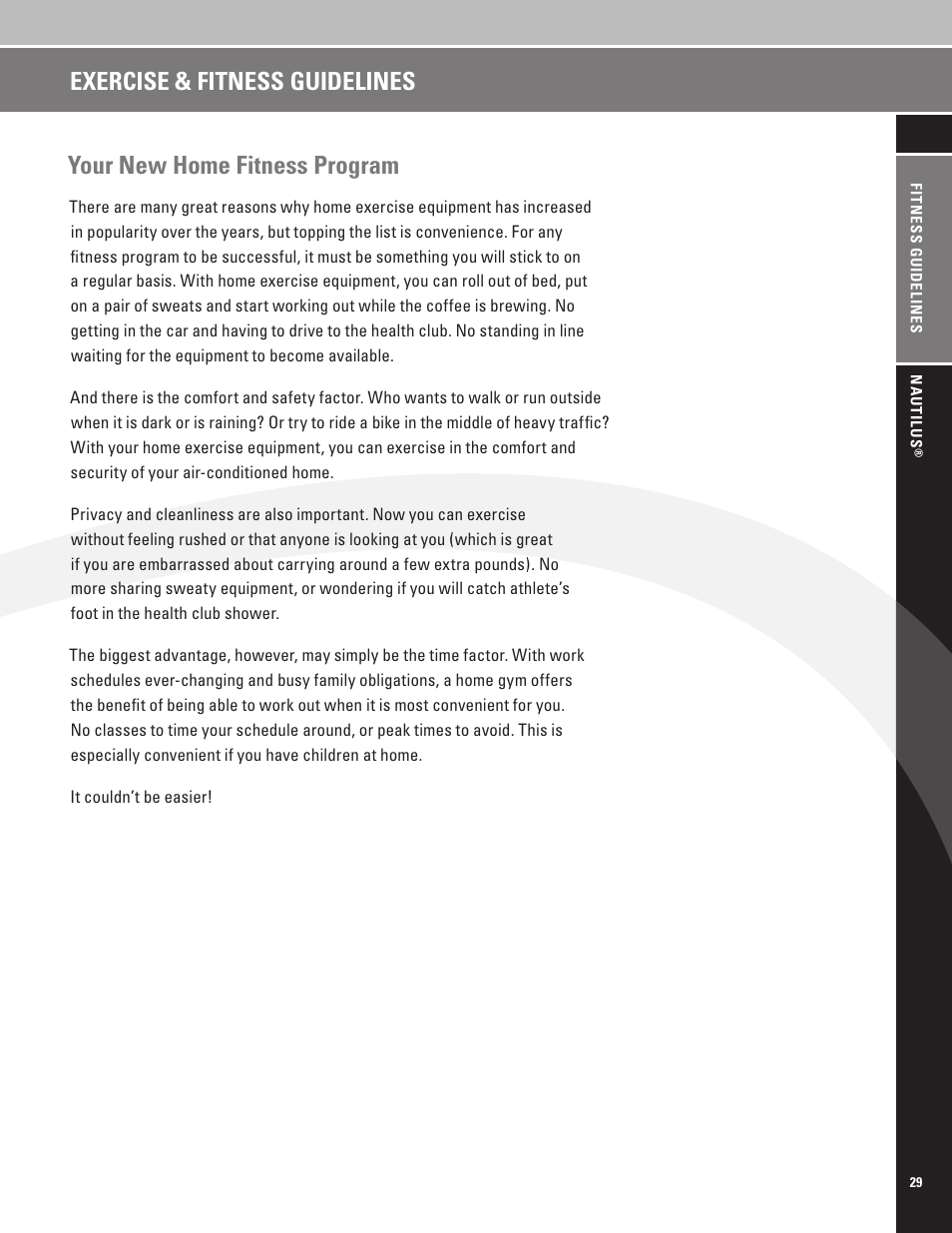 Your new home fitness program, Exercise & fitness guidelines | Nautilus EV7.18 User Manual | Page 31 / 44