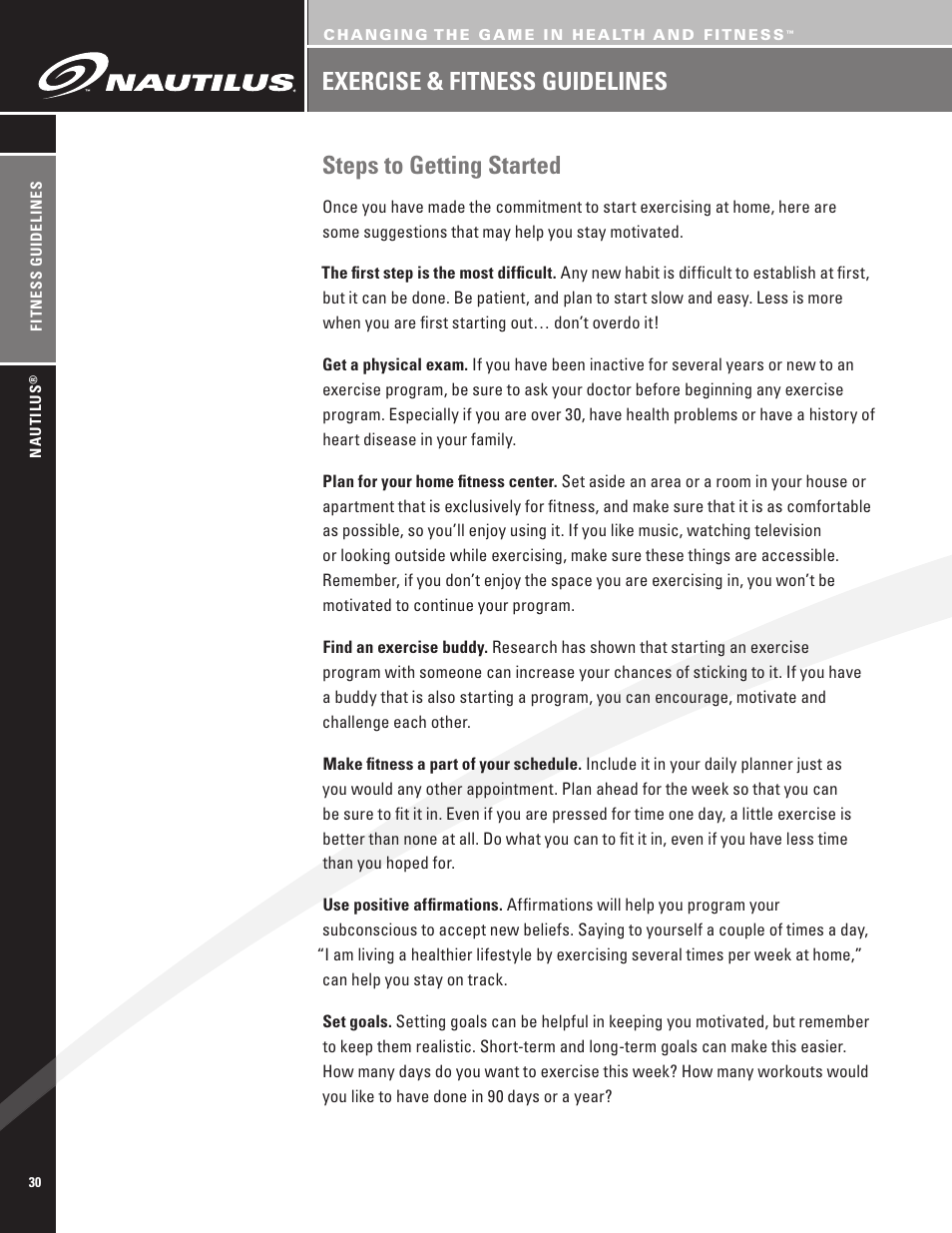 Steps to getting started, Exercise & fitness guidelines | Nautilus EV7.18 User Manual | Page 32 / 44