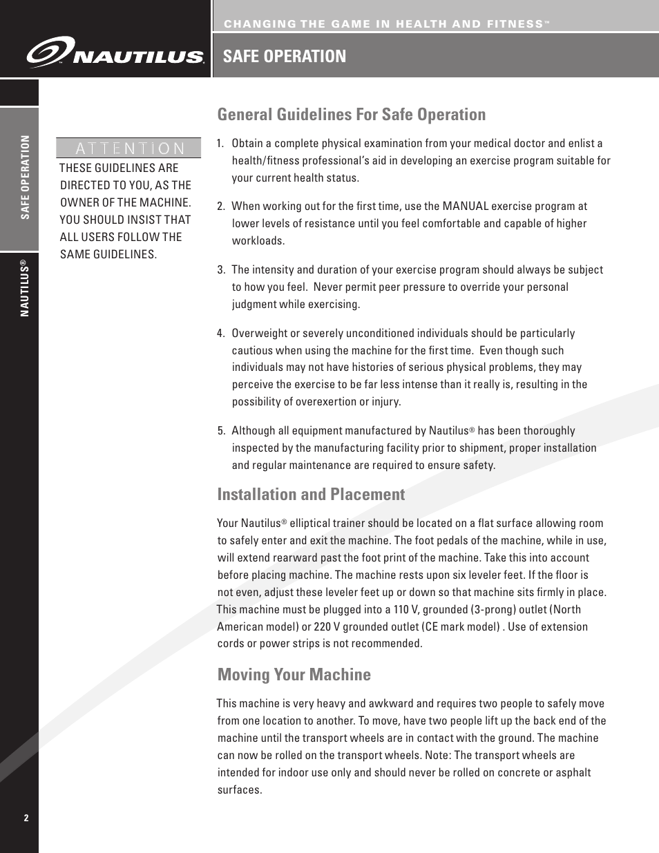 Installation and placement, Moving your machine | Nautilus EV7.18 User Manual | Page 4 / 44