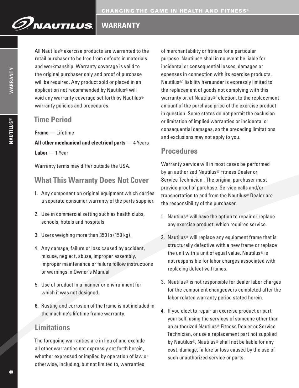 Time period, What this warranty does not cover, Limitations | Procedures, Warranty | Nautilus EV7.18 User Manual | Page 42 / 44