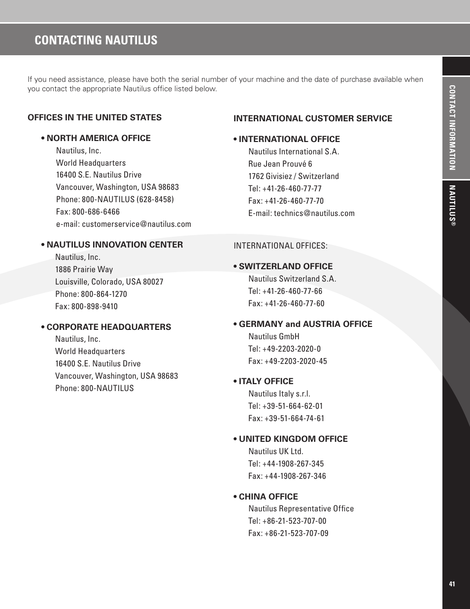Contacting nautilus | Nautilus EV7.18 User Manual | Page 43 / 44