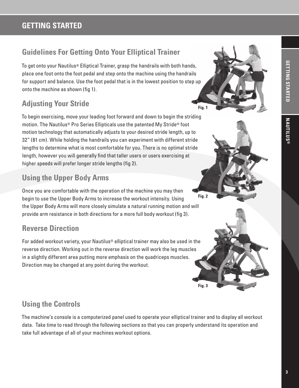 Adjusting your stride, Using the upper body arms, Reverse direction | Getting started using the controls | Nautilus EV7.18 User Manual | Page 5 / 44