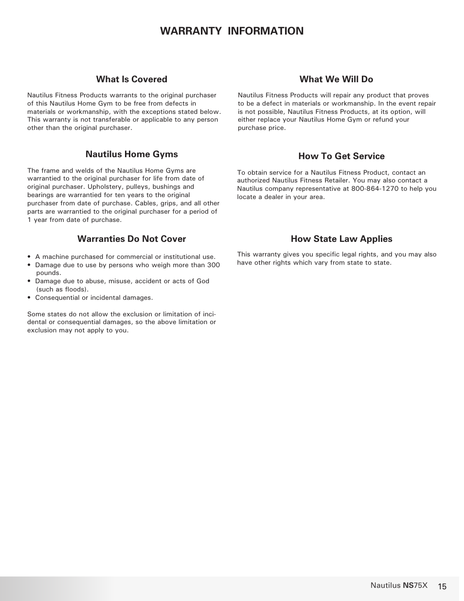 Warranty information | Nautilus BE STRONG NS 75X User Manual | Page 15 / 17