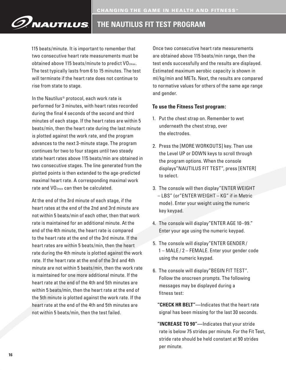 The nautilus fit test program | Nautilus BE STRONG EV916 User Manual | Page 18 / 41