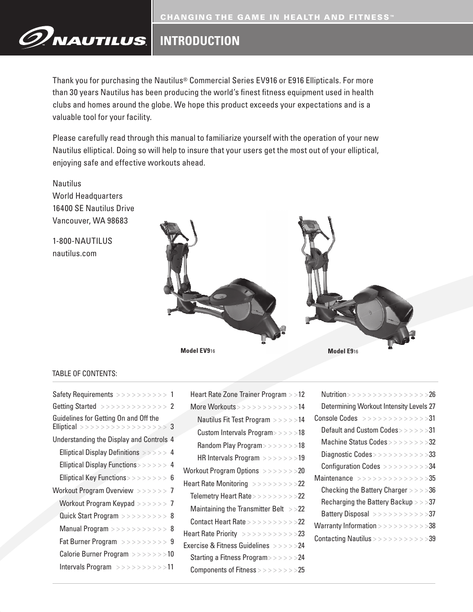 Introduction | Nautilus BE STRONG EV916 User Manual | Page 2 / 41