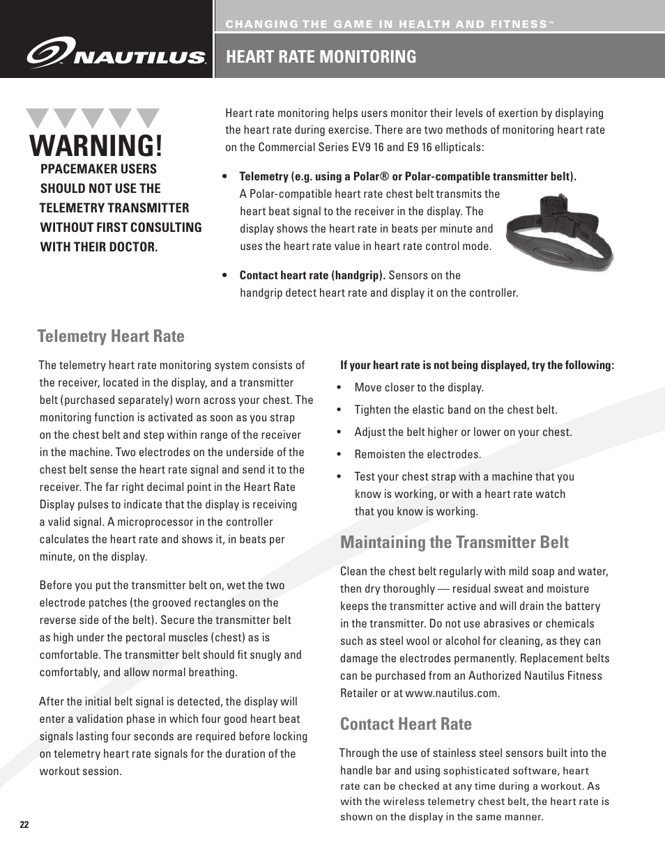 Warning, Heart rate monitoring, Telemetry heart rate | Maintaining the transmitter belt, Contact heart rate | Nautilus BE STRONG EV916 User Manual | Page 24 / 41