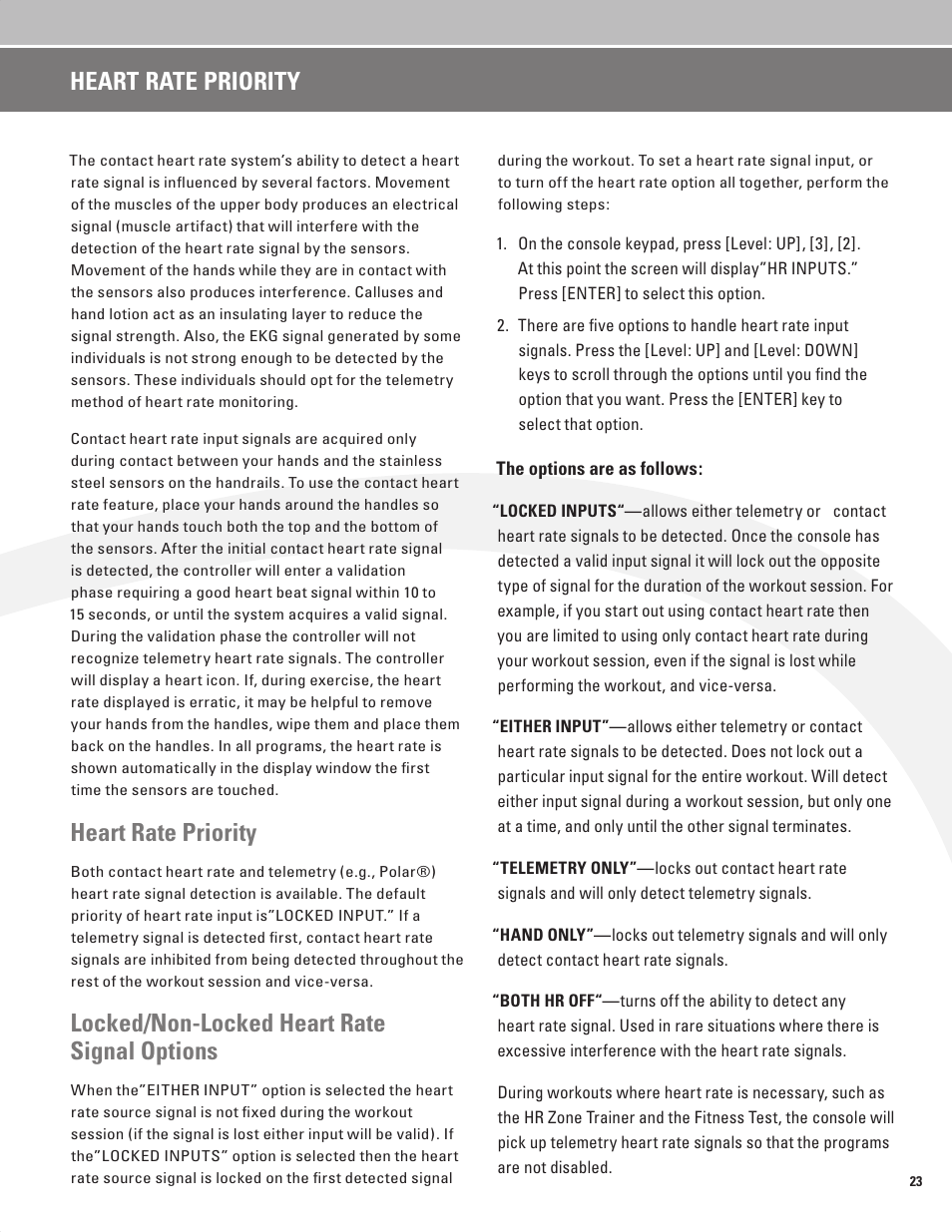 Heart rate priority, Locked/non-locked heart rate signal options | Nautilus BE STRONG EV916 User Manual | Page 25 / 41