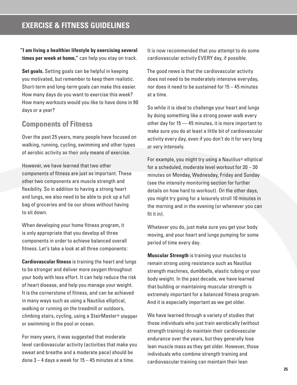 Components of fitness, Exercise & fitness guidelines | Nautilus BE STRONG EV916 User Manual | Page 27 / 41