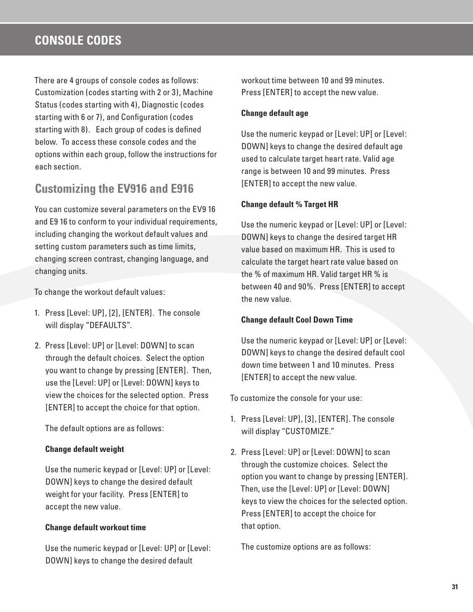 Console codes | Nautilus BE STRONG EV916 User Manual | Page 33 / 41