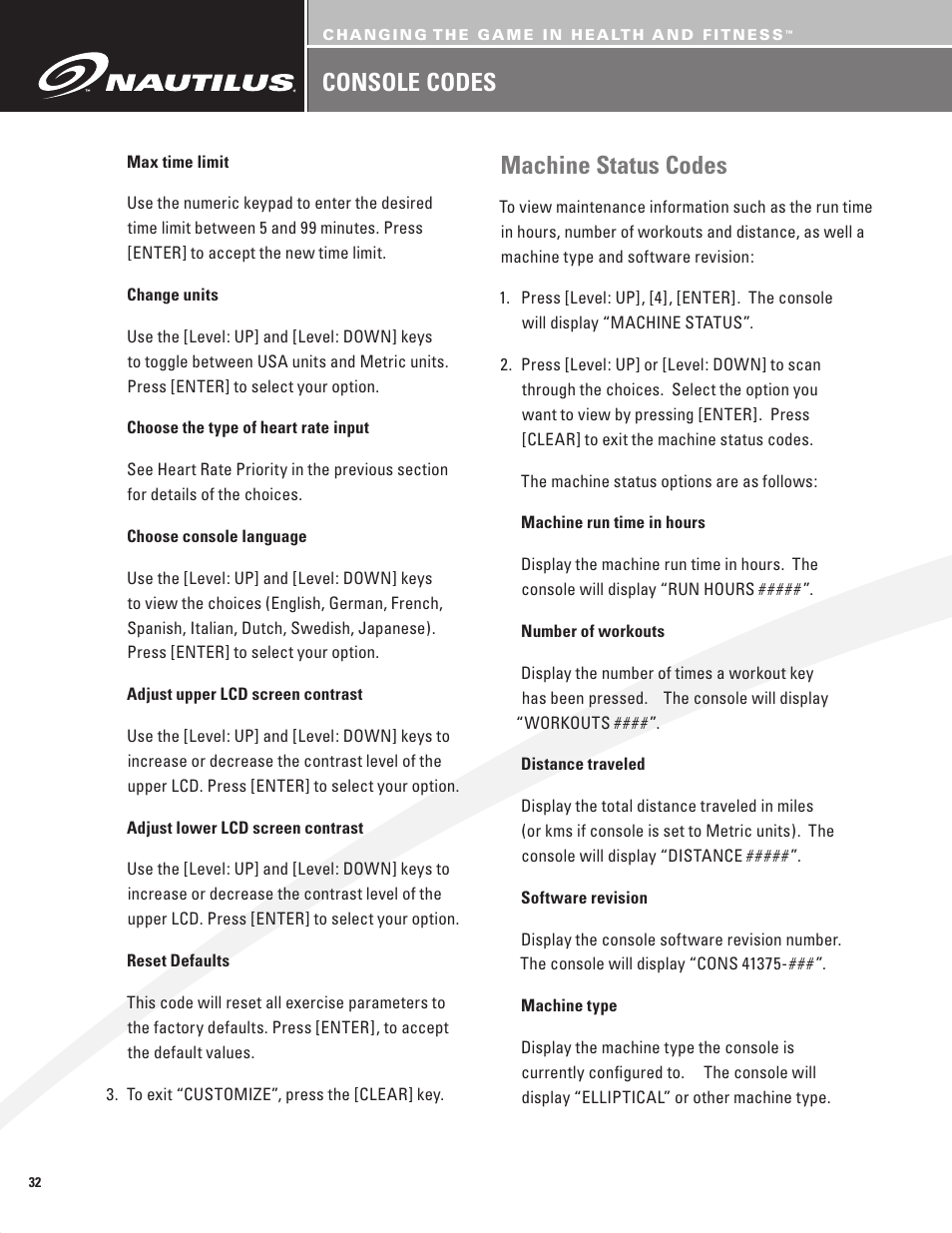 Console codes, Machine status codes | Nautilus BE STRONG EV916 User Manual | Page 34 / 41