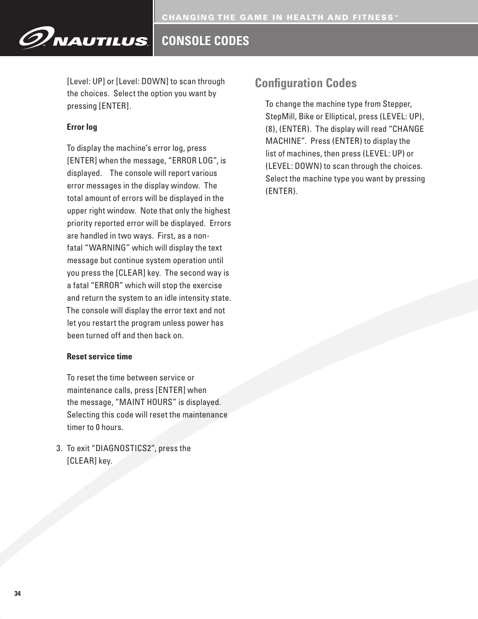 Console codes, Confi guration codes | Nautilus BE STRONG EV916 User Manual | Page 36 / 41