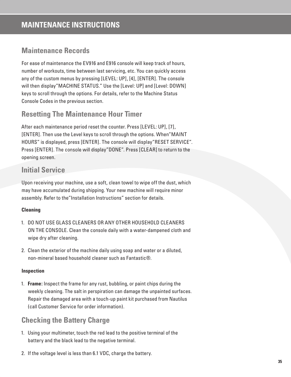 Maintenance records, Resetting the maintenance hour timer, Initial service | Checking the battery charge, Maintenance instructions | Nautilus BE STRONG EV916 User Manual | Page 37 / 41