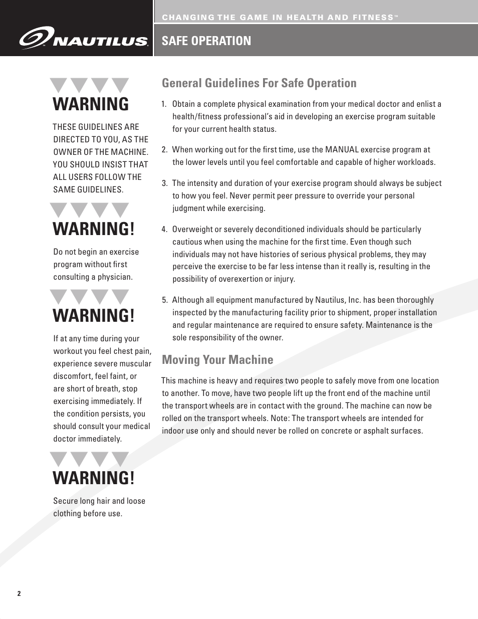 Warning, Moving your machine | Nautilus BE STRONG EV916 User Manual | Page 4 / 41