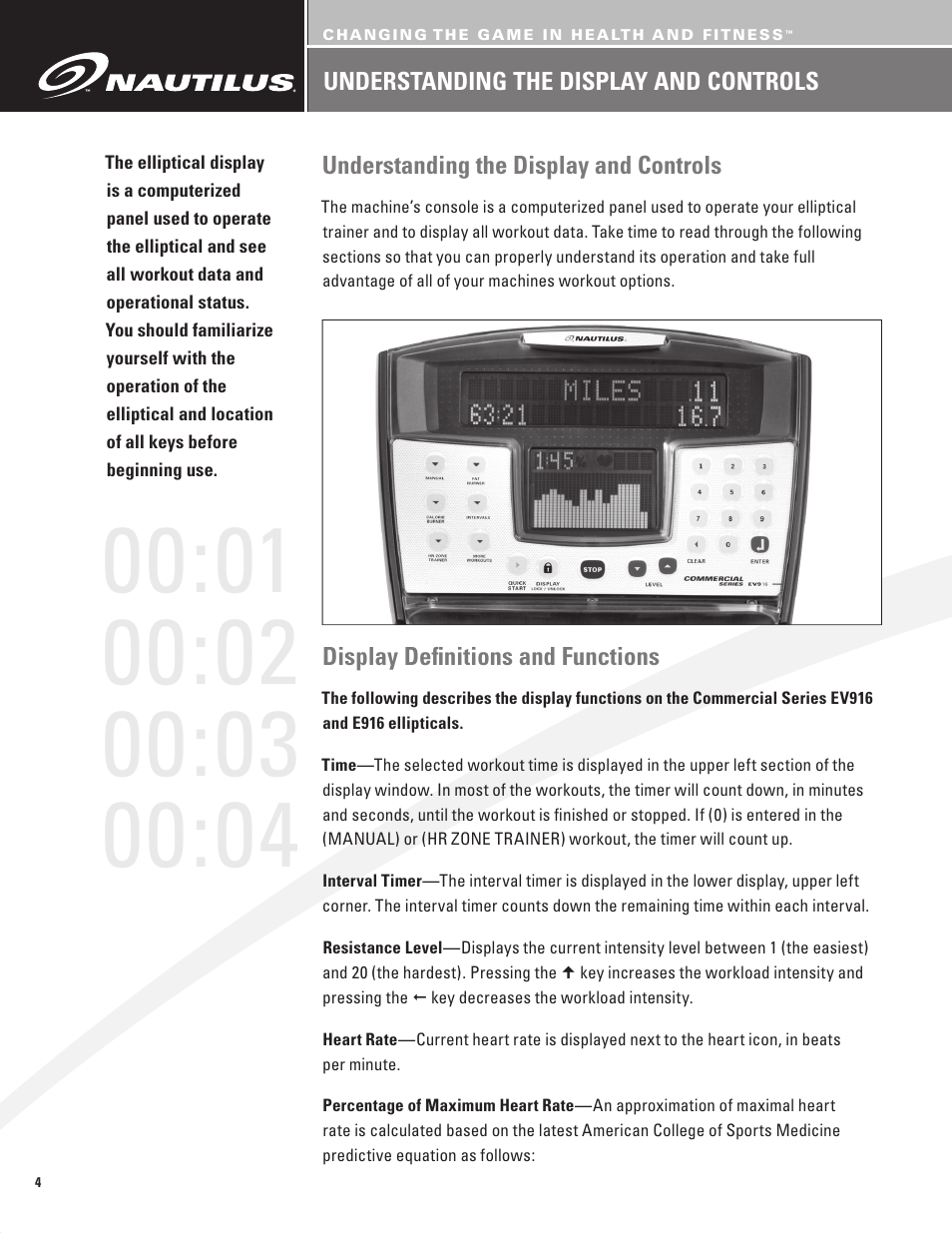 Understanding the display and controls, Display defi nitions and functions | Nautilus BE STRONG EV916 User Manual | Page 6 / 41