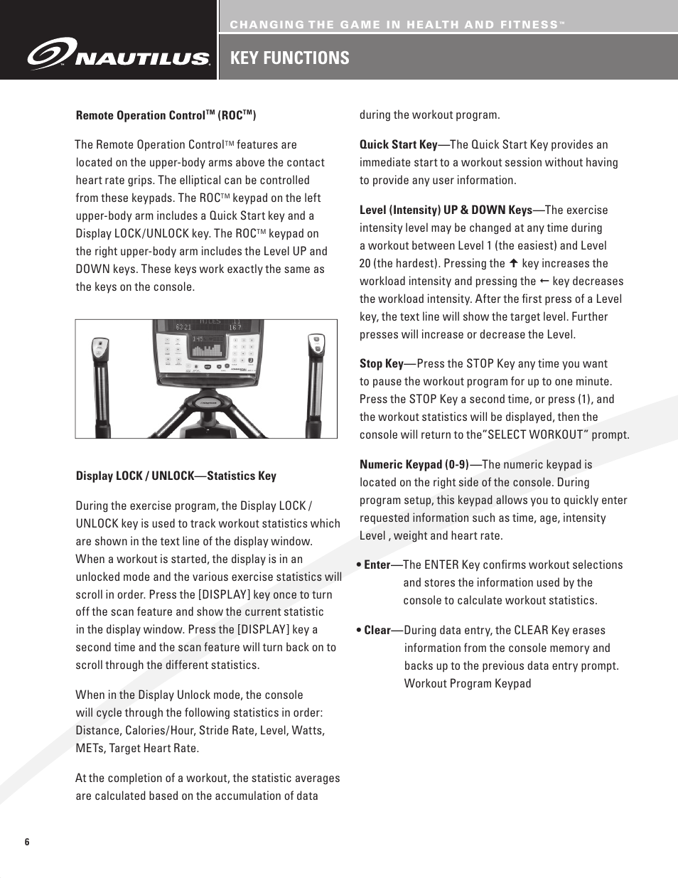 Key functions | Nautilus BE STRONG EV916 User Manual | Page 8 / 41