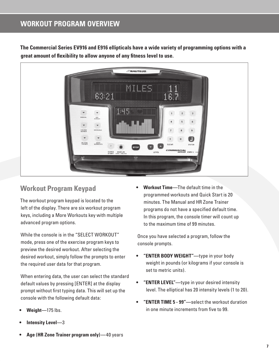 Workout program keypad, Workout program overview | Nautilus BE STRONG EV916 User Manual | Page 9 / 41