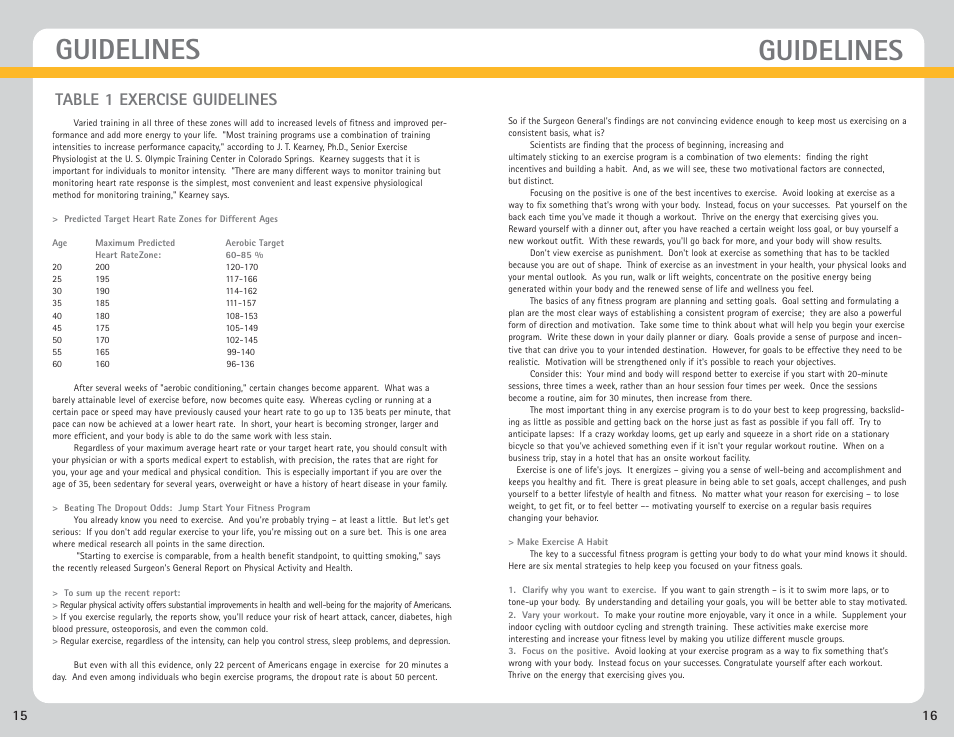 Guidelines, Table 1 exercise guidelines | Nautilus NB 2000 User Manual | Page 11 / 15