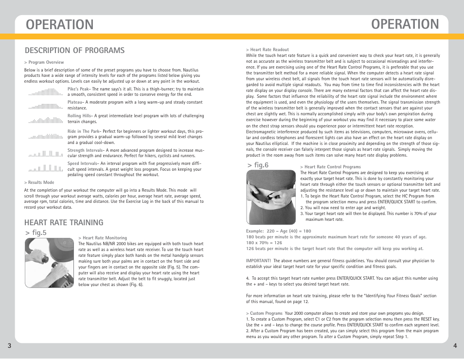 Operation, Description of programs, Heart rate training | Fig.5 > fig.6 | Nautilus NB 2000 User Manual | Page 5 / 15