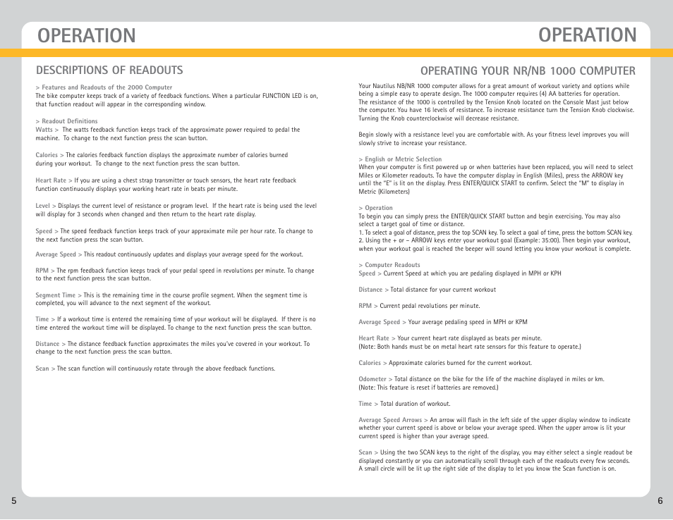 Operation, Descriptions of readouts, Operating your nr/nb 1000 computer | Nautilus NB 2000 User Manual | Page 6 / 15