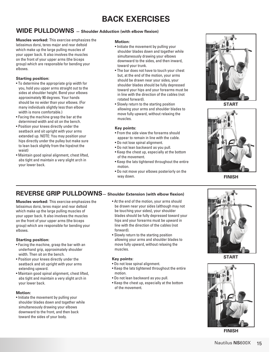 Back exercises, Wide pulldowns, Reverse grip pulldowns | Nautilus BE STRONG. NS 600X User Manual | Page 15 / 25