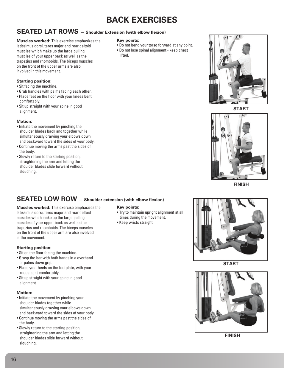 Back exercises, Seated lat rows, Seated low row | Nautilus BE STRONG. NS 600X User Manual | Page 16 / 25